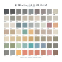 Decora Diamond Microcement colour chart showing all 63 colours, D100 to D162 — MVP Products, Caloundra QLD