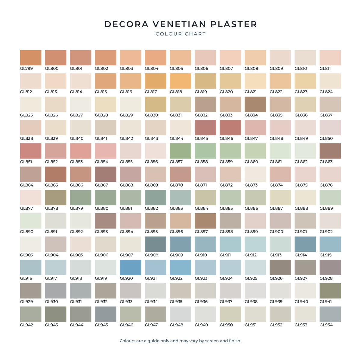 Decora Venetian Plaster colour chart showing all 156 colours, GL799 to GL954 — MVP Products, Caloundra QLD