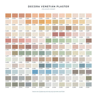 Decora Venetian Plaster colour chart showing all 156 colours, GL799 to GL954 — MVP Products, Caloundra QLD