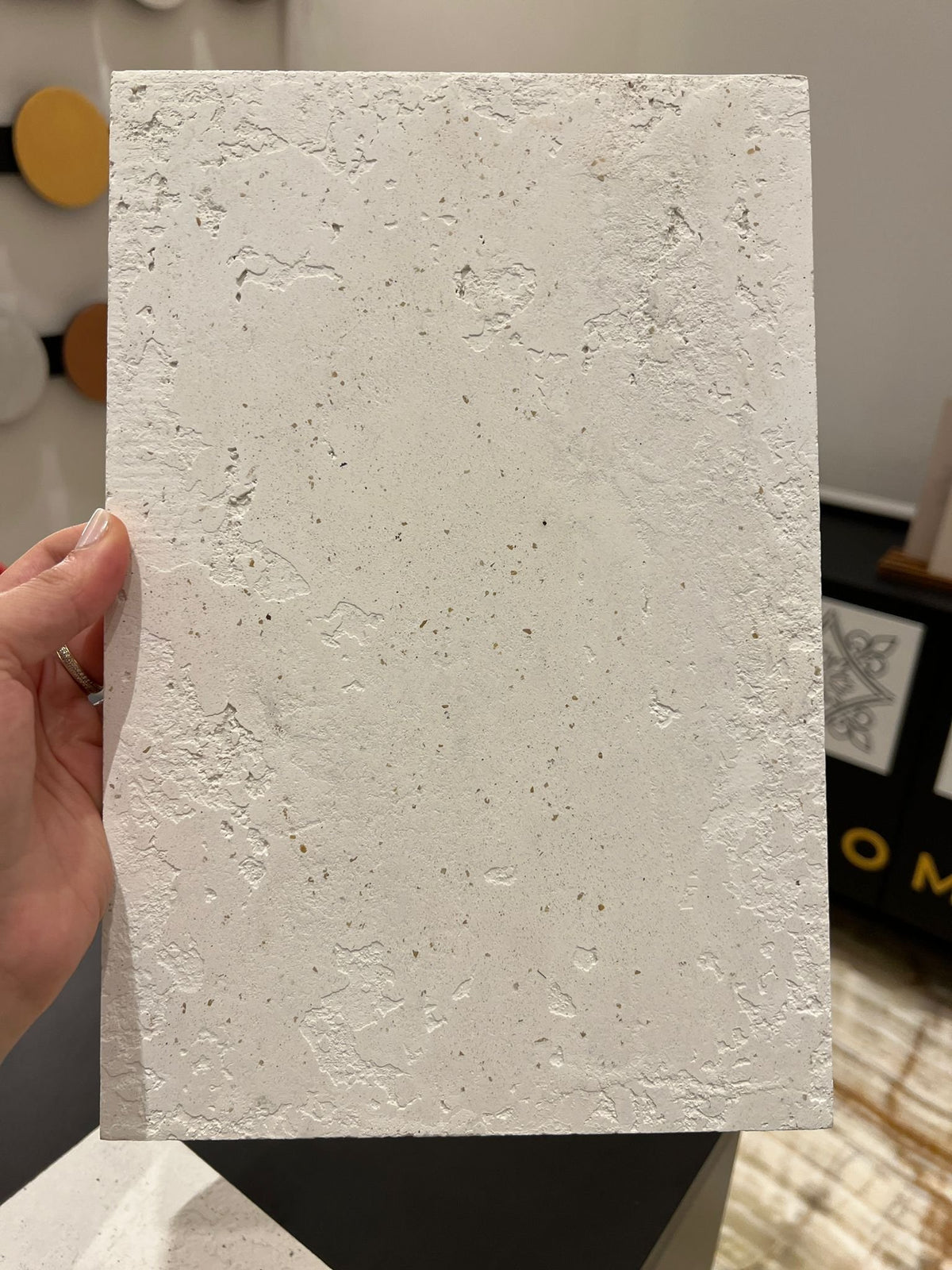 Hand holding a white Decora Raffaello Venetian Plaster sample board