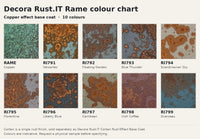 Decora Rust.IT Rame colour chart showing the 10 Rame copper effect colours, RI791 to RI799 plus Rame copper