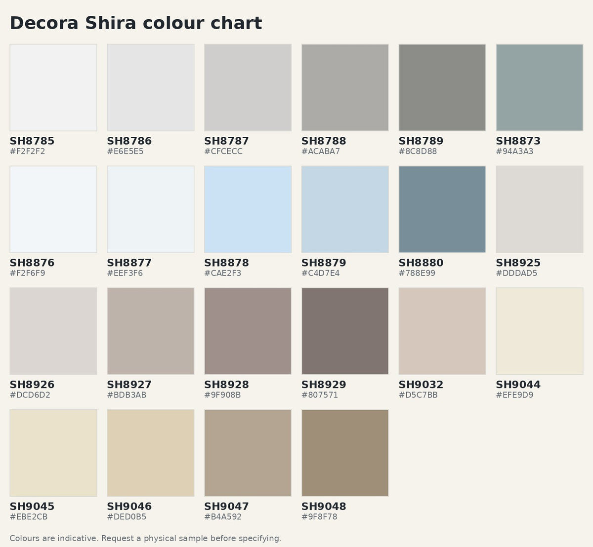 Decora Shira colour chart